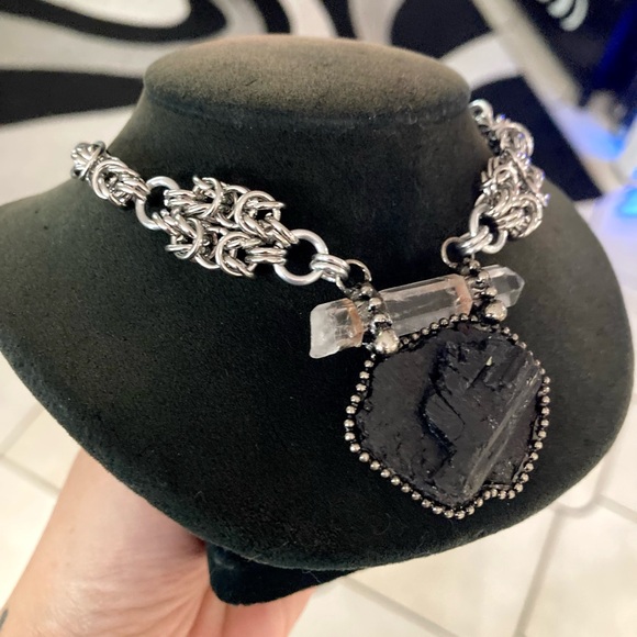 Natural black tourmaline & clear crystal quartz charm boho goth maille necklace - Picture 5 of 13